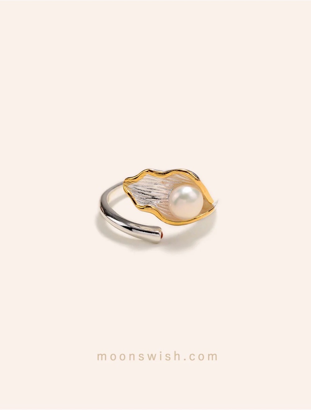 Two-Tone Leaf Pearl Open Ring - Gold & Silver